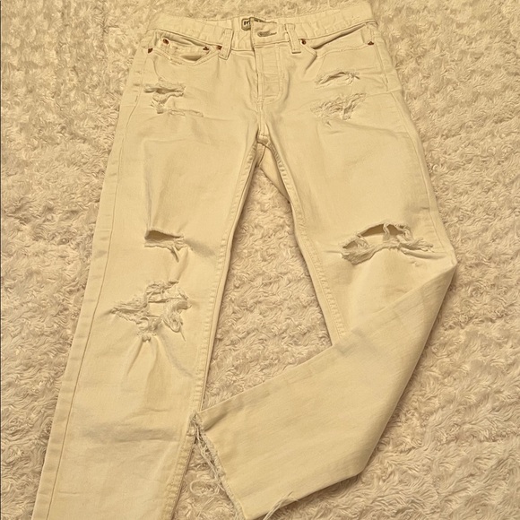Free People Denim - Free People Cream Distressed Straight Leg Jeans
